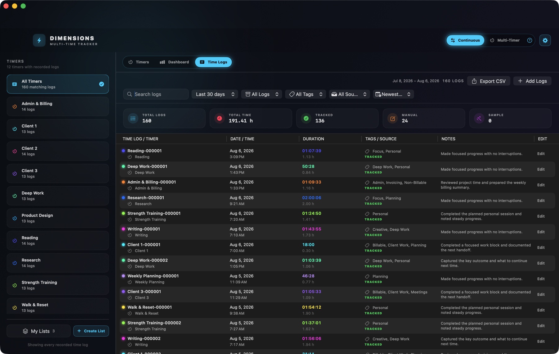 Dimensions Time Logs displaying searchable time records, tags, durations and notes