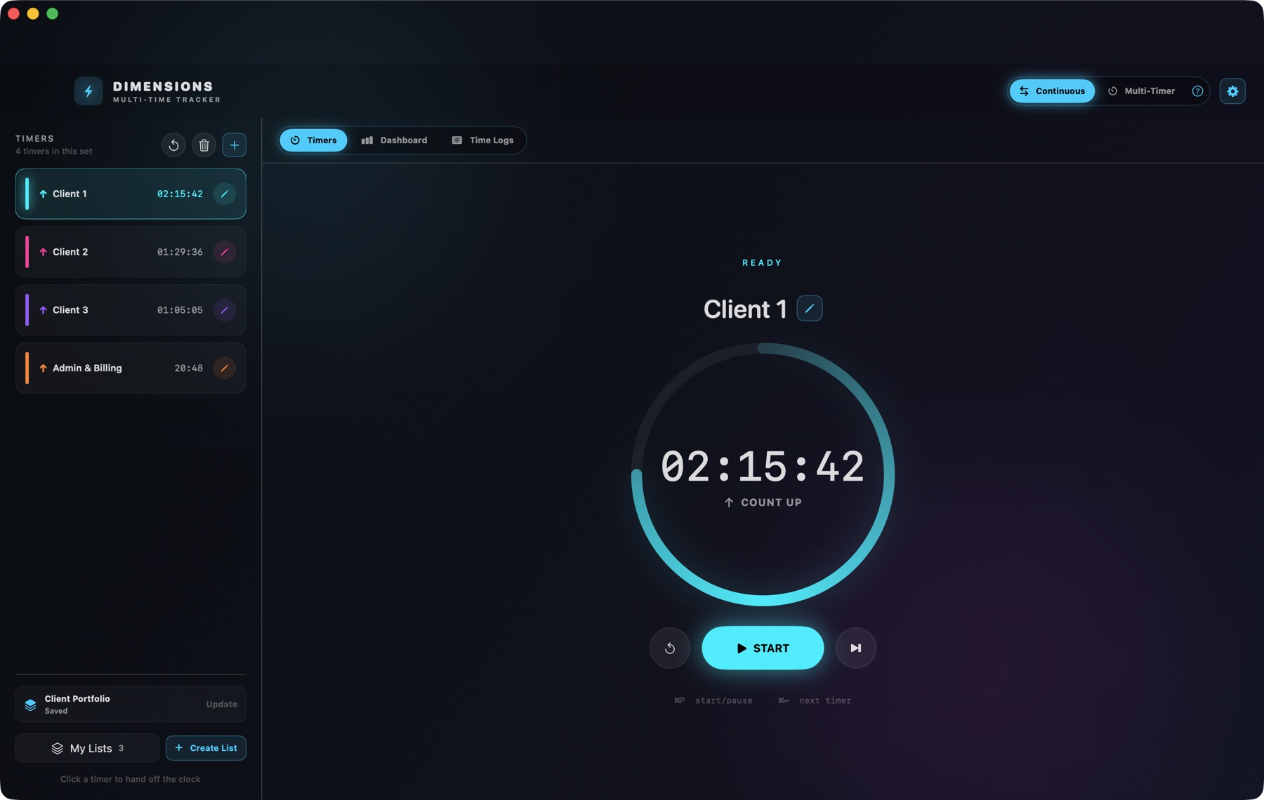 Dimensions macOS multi-time tracker displaying client timers